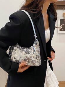 1pc Fashionable Sequin Silver Tote Bag, Casual Women's Shoulder Bag, Versatile White Backpack - Silver - View 11