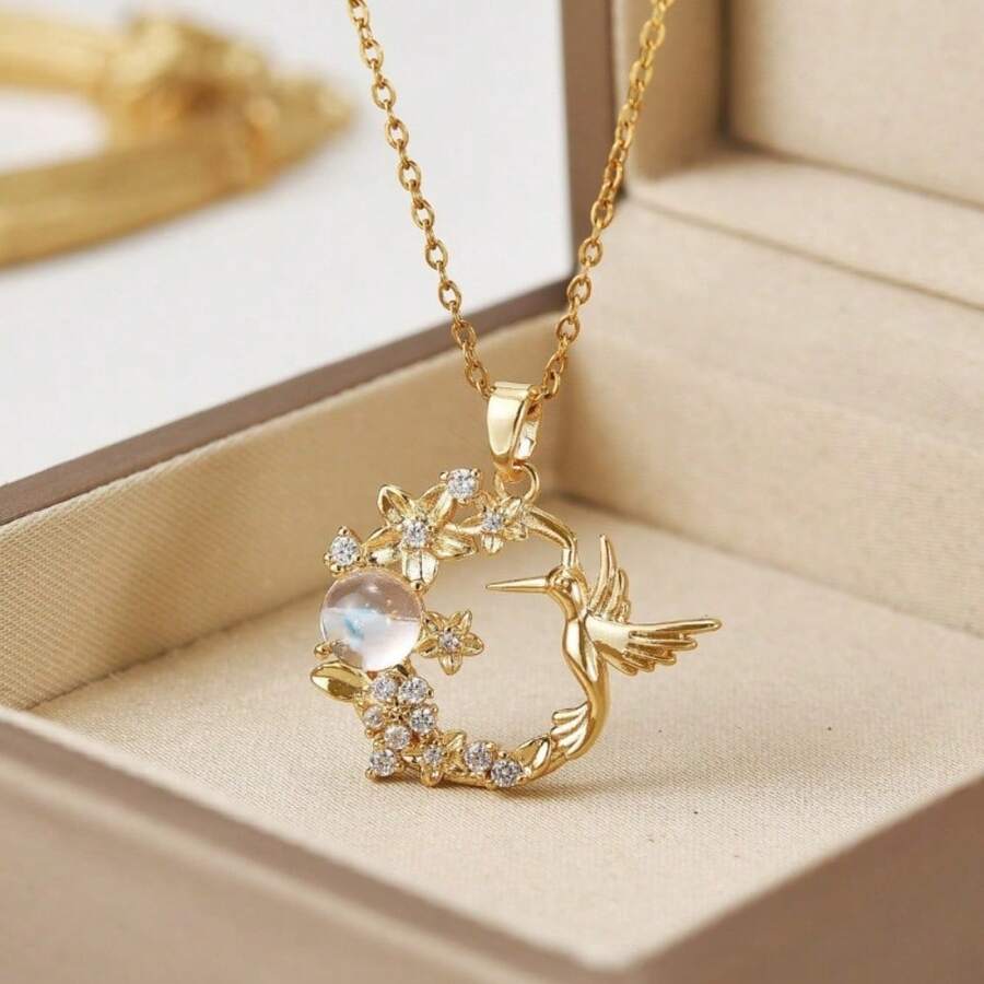 Exquisite And Fashionable Hummingbird Flower Round Pendant Necklace, Luxurious And Light Style, Is The First Choice Gift For Family And Friends - Vàng - Xem 1