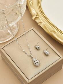 1 chiếc vòng cổ trang sức sang trọng bằng thép không gỉ hình giọt nước đính đá Rhinestone hoàn toàn thời trang dành cho nữ, 1 đôi bông tai trang sức sang trọng bằng thép không gỉ hình giọt nước đính đá Rhinestone hoàn toàn thời trang dành cho nữ - Vàng - Xem 4