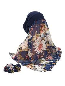 1 套穆斯林花卉印花头巾、头巾和头带，时尚百搭 - 顏色 - 查看 5