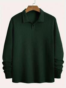 男士休闲针织长袖衬衫 - 米色纯色，纽扣领和罗纹袖口，常规版型，适合秋季休闲装 - 軍綠色 - 查看 1