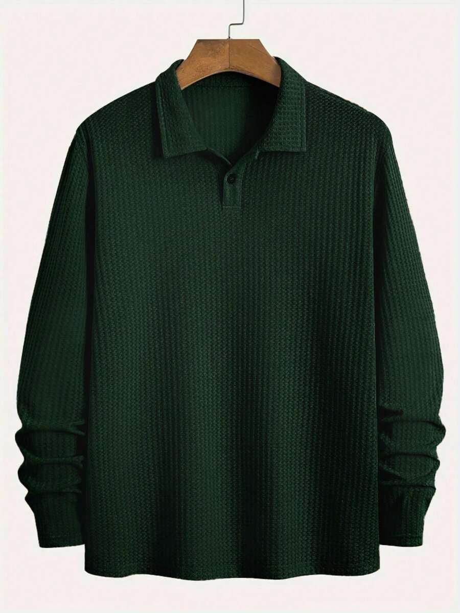 男士休闲针织长袖衬衫 - 米色纯色，纽扣领和罗纹袖口，常规版型，适合秋季休闲装 - 軍綠色 - 查看 1