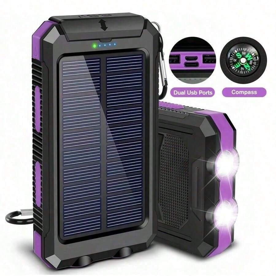2025 Super 10000mAh USB Portable Charger Solar Power Bank For Mobile Phones, Solar Power Bank, Mobile Power Bank, Portable Charger For All Devices - Long-Lasting, Travel Camping, LED Flashlight, Compass, And Hiking Buckle, Best Gift For Christmas Holidays - Purple - View 1