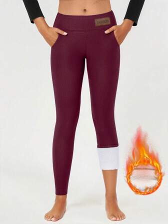 1pc Pocket Design Thermal Lined Breathable Women Leggings, Suitable For Autumn/Winter Outdoor Sports, Fitness, Yoga,Fleece