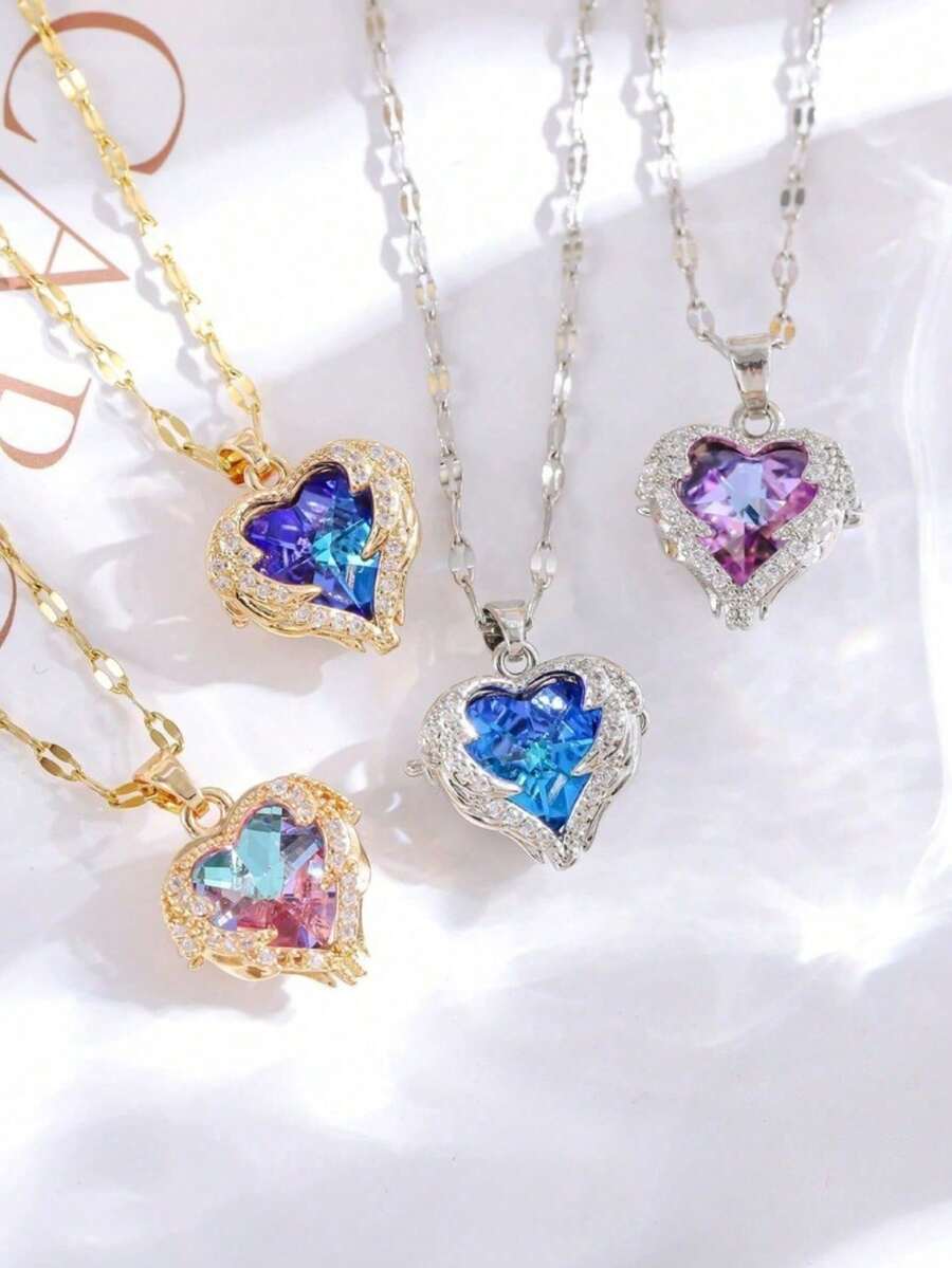 Luxury Elegant Heart Pendant Necklace With Colorful Crystals Stainless Steel Chain For Women Ideal - Bạc - Xem 1