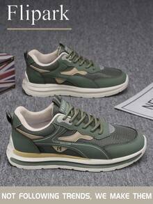 Flipark 1 Pair Men's Casual Everyday Comfortable Sneakers, Men's Colorblock Mesh Breathable Lace-Up Low-Top Athletic Shoes, Thick Sole Casual Style, Multiple Colors (Green / Black / White), Mesh + Leather Trainers