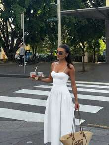 Đầm dự tiệc mùa xuân hè gợi cảm, đơn giản, màu trơn, khâu nhún cho nữ - trắng - Xem 2