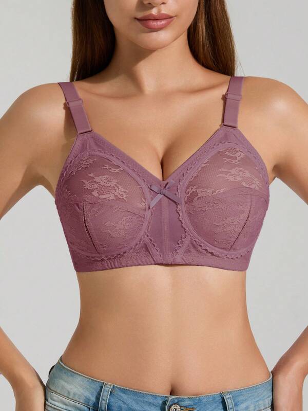 1 Stück Damen Unifarben Spitze Volldeckender Drahtloser BH, sexy, stützend, atmungsaktiv, dünne Wäsche