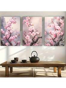 3 piezas de impresiones de arte en lienzo envuelto, con marco opcional de pino, orientación vertical, estilo moderno clásico art decó, encantadoras flores de cerezo rosadas arte abstracto acuarela, moda, para decoración de pared en bar, cafetería, hogar, dormitorio, sala de estar, cocina, oficina en casa, para uso interior y exterior en primavera e invierno - Multicolor - Ver 12