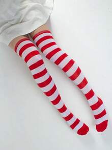 1双红白条纹加厚过膝长袜，冬季长袜，适合万圣节、圣诞节及各种节日穿着 - 紅色 - 查看 4