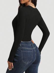 1pc Autumn/Winter Brushed Jumpsuit, V-Neck Button Closure Slimming Casual Yoga Activewear Outerwear Thermal Versatile Women Bodysuit - Black - View 4