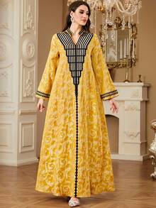 Women's Middle Eastern Ramadan Ramadan Embroidered Patchwork Long Sleeve Dress, Elegant Abaya For Formal Occasions, Autumn/Winter