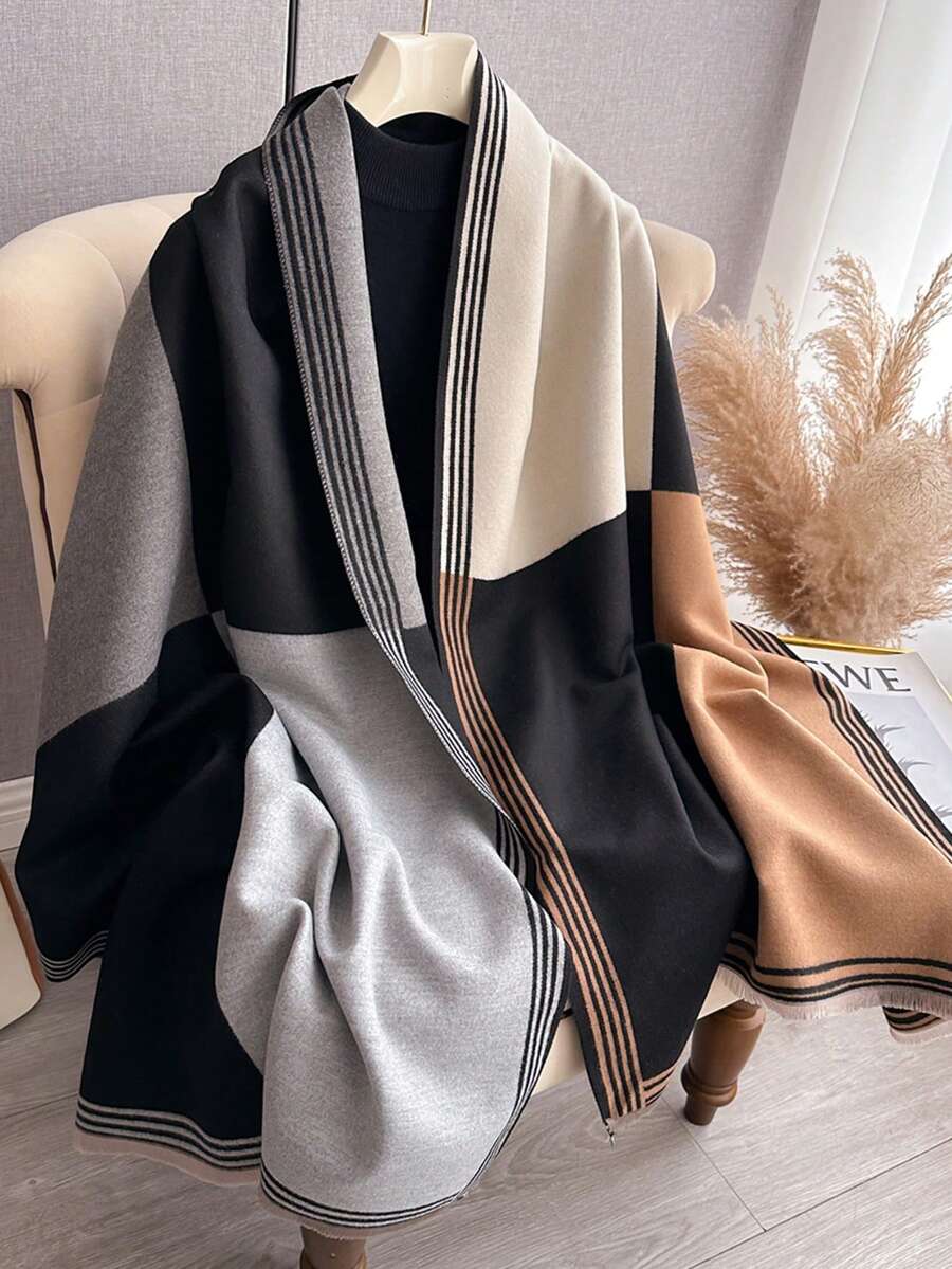 1 Khăn choàng cổ điều hòa không khí bằng vải cashmere giả hai mặt màu thời trang đa năng cho nữ, dày và ấm áp để sử dụng hàng ngày, mặc vào mùa thu/đông - Nhiều màu - Xem 1