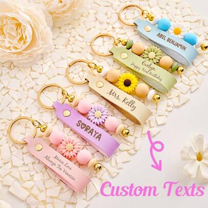 Personalized Keychain, Daisy Beaded Keychain, Faux Leather Keychain, Flower Girl Gift, Teacher Gift, Birthday Gift, Beaded Keychain, Personalized Keychain, Faux Leather Keychain, Personalized Gift, Mother's Day Gift, Teacher Gift, Birthday Gift, Laser Engraved Gift, Girl Gift, Friendship Gift, Engraved Keychain, Beaded Keychain, Daisy Keychain, Flower Girl Gift, Fashion Accessory, Autumn, Boyfriend, Girlfriend, Family, Friend