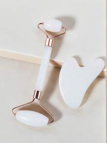 2 Pieces/Set Facial Beauty Massage Tool Set - Double-Head Massage Roller, Triangular Scraping Board, Roller Scraping Board, Body Scraping Massage Tool Set, Suitable For Body Face And Back - 白色 - 查看 7