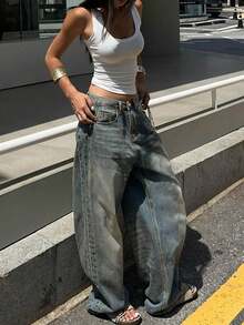 复古水洗蓝色直筒牛仔裤，美式宽松休闲阔腿拖地裤，女士春夏时尚穿搭