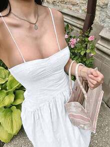 Đầm dự tiệc mùa xuân hè gợi cảm, đơn giản, màu trơn, khâu nhún cho nữ - trắng - Xem 3