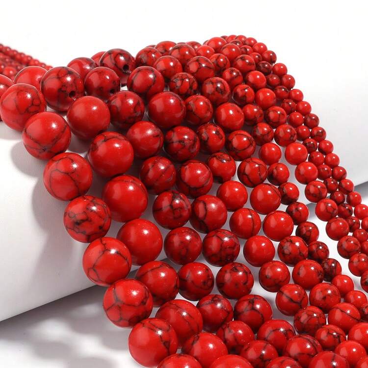 1pc Natural Red Turquoise Round Beads 4/6/8/10/12mm, Fashion Denim Christmas Red DIY Beading, Suitable For Making Bracelets, Necklaces, Jewelry, Couples Bracelets, Phone Chains, Keychains, Wholesale Beads - Red Turquoise - View 1