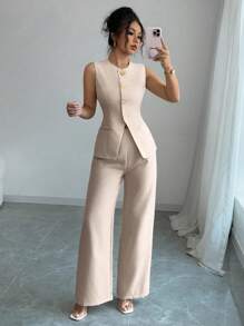 2 Pieces Women's Solid Color Single-Breasted Metal Button Round Neck Vest And Trousers Casual Loose Suit