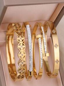 4 件/1 件 18K 镀金不锈钢可叠戴手镯，经典镂空罗马数字和心形设计，时尚欧美休闲、派对、节日风格腕饰，适合女士、生日、婚礼、挚友、情人节礼物 - 手鐲A - 查看 8