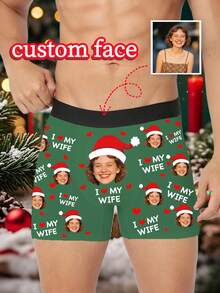 1pc Customized Men's Boxer Briefs With Personalized Photo "I Love My Wife" Christmas Print, Humorous Holiday Creative Gift - Multicolor - View 5