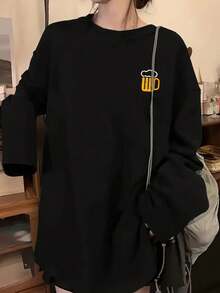 女士宽松卡通印花长袖棉质T恤，百搭春秋装 - 黑色 - 查看 2