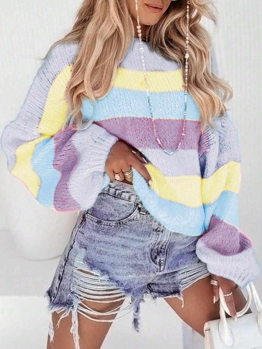 Neue Ankunft Damen Lässig Mode Farbblock Rundhals Langarm Strick Pullover Sweater - Mauve - Übersicht 1