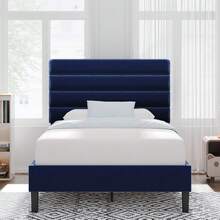 Bed Frame With Headboard, Velvet Upholstered Platform Bed Frame, Modern Bed Frame With Horizontal Channel Design, Strong Wooden Slats Support, No Box Spring Needed, Noise-Free, Easy Assembly, White/ Black/ Pink/ Blue/ Green, Twin/ Full/ Queen Size * Bed Frame Queen Queen Bed Frame Bed Frame Full Full Size Bed Frame King Size Bed Frame Twin Bed Frame Room Decor Home Decor Christmas Decor Bedroom Decor Valentine Day Decor Storage Living Room Decor Furniture House Decor - 藍色 - 查看 14