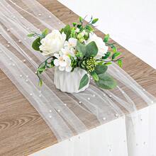 10 英尺白色薄纱蕾丝桌布，婚礼桌旗，珍珠装饰，适用于新娘送礼会、生日派对、婚礼拱门、甜点桌装饰，32 x 118 英寸 - 白色 - 查看 4