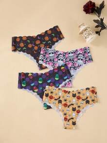 7pcs Halloween Printed Women's Underwear, Comfortable Seamless V-Waist Lifting Wavy Edge Briefs