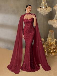 Faeriesty Đầm dạ hội đuôi cá cổ cao với tay áo voan, dáng đuôi cá, thích hợp cho thảm đỏ, dạ tiệc trang trọng, tiệc cưới. - Màu Đỏ Sâu - Xem 8
