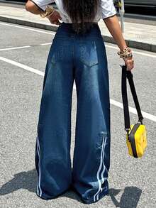 Straight-Leg Jeans With Curved Waist Design And Two Side Stripes Casual Spring - Medium Wash - View 7