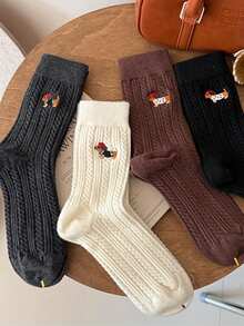 2/4 Pairs Women's Solid Color Dog Embroidered Mid-Calf Socks, Soft & Fashionable, Suitable For Daily Wear, Random Colors - Multicolor - View 10