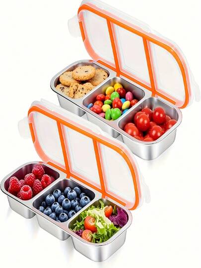 3 格不锈钢可重复使用食品储存容器带盖，零食收纳盒，适合午餐、野餐、上学、旅行 - 适合成人