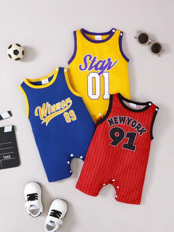 Conjunto de 3 piezas con estilo deportivo casual de calle: chaleco sin mangas con cuello redondo acanalado y puños de malla, mono deportivo