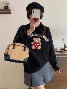 Damen Loose Fit Bären Muster Pullover Sweater mit gemütlicher Weihnachtsstimmung, Langarm gestrickter Rundhals Oberteil für Herbst Winter, für den täglichen Gebrauch, Schule, Outdoor Outfit, Langarm Oberteil, Süß, Schulkleidung