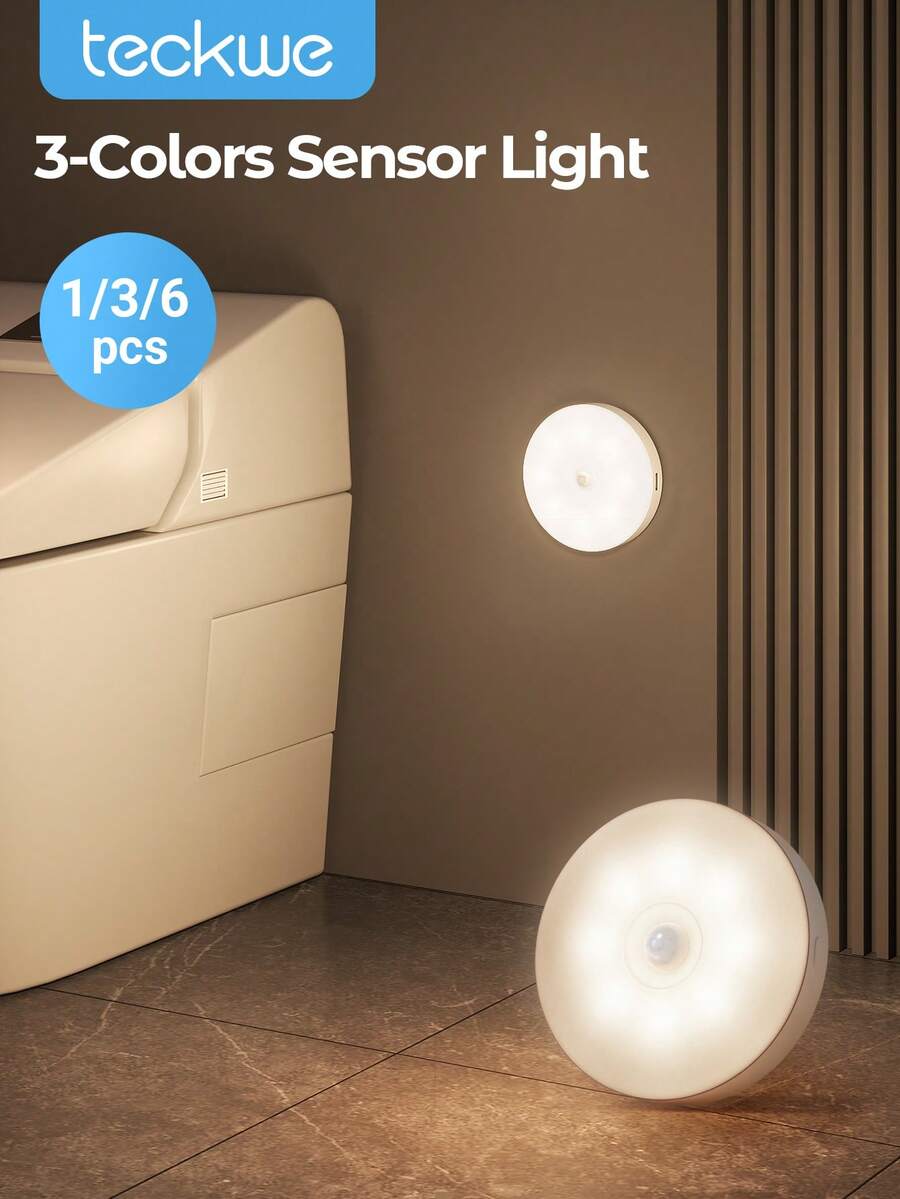 Teckwe 6pcs/3pcs/1pc LED Wireless Motion Sensor Wall Light, 3 Colors Rechargeable Nightlight Auto On/Off, Suitable For Kitchen, Bedroom, Living Room, Corridor, Bathroom, Room Decoration - tricolor light - View 1