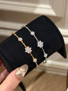 1 件不锈钢奢华复古四叶草弹性手链，带水钻，闪亮日常百搭 - 綠鑽花朵手鍊 - 查看 6