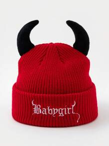 1pc High Quality 85g Large Circumference Women's Fashion Solid Color "BABYGIRL" Embroidered Knit Hat With Horn Decor, Suitable For Halloween Outfit And Outings Winter Women - A - View 9