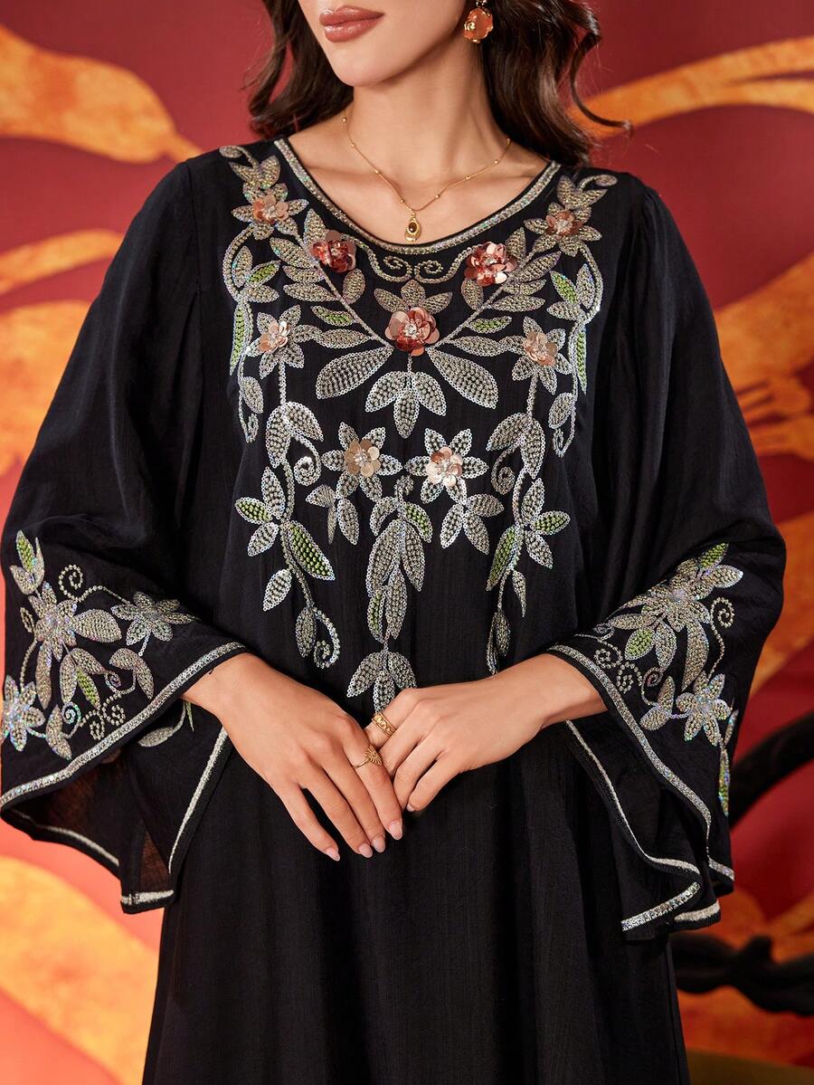 女士圆领优雅刺绣串珠花卉贴花连衣裙，优雅的阿拉伯风格 - 黑色 - 查看 1