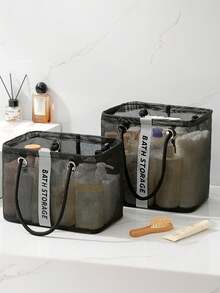 1 pieza Organizador de artículos de tocador portátil para viajes, cesta de malla de gran capacidad con drenaje, bolsa de ducha plegable para gimnasio, cesta de ducha para baño, adecuada para dormitorios de estudiantes, conveniente para viajes, diseño con drenaje en la parte inferior - Negro - Ver 1