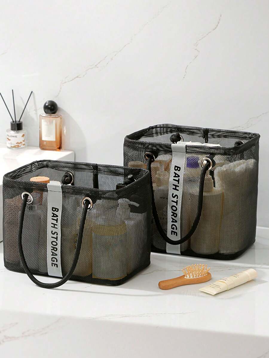 1 pieza Organizador de artículos de tocador portátil para viajes, cesta de malla de gran capacidad con drenaje, bolsa de ducha plegable para gimnasio, cesta de ducha para baño, adecuada para dormitorios de estudiantes, conveniente para viajes, diseño con drenaje en la parte inferior - Negro - Ver 1