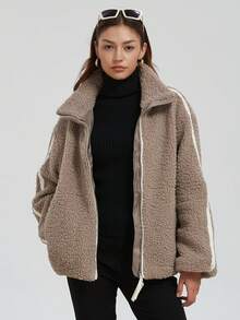 Neue Herbst/Winter Damen Oversized Teddy Mantel - Lässiger Schnitt fällt groß aus, empfehlen Sie eine Nummer kleiner für besseren Sitz, Retro Streetstyle Plüsch Oberbekleidung mit Stehkragen und Seitenstreifen - Kaffeebraun - Übersicht 3
