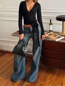 Y2k Ballet Pilates Wrap Top For Women Workout Yoga Dance Long Sleeve Wrap Shirt Deep V Neck Slim Fit Tie Front Going Out Crop Tops - màu đen - Xem 5