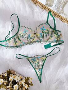 Women's Mesh Floral Embroidered Cute & Sexy Lingerie Set - Green - View 5