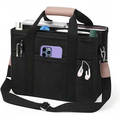 多隔层帆布手提包 女士多口袋帆布手提包 大容量单肩斜挎包 带隔层 9.8*12.8*5.9英寸 超大容量 配有可拆卸肩带和 6 区收纳袋 | 通勤至会议室过渡 | 符合人体工学的可调节背负系统