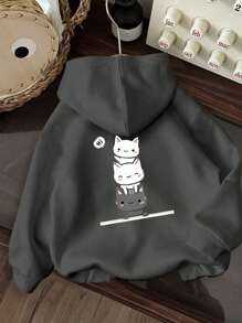 可爱猫咪印花抓绒套头衫，女童款，保暖舒适，适合秋冬季节、休闲、街头风和校园风穿着。 - 深灰色 - 查看 4