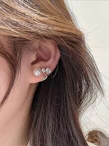 Boho Crystal Pearl Earrings Vintage Rhinestone Stud Earrings Cultured Freshwater Pearl Earrings Wedding Bridal Earrings Jewelry For Women,Rhinestone & Faux Pearl Decor Earring Jackets - 珍珠 - 查看 4