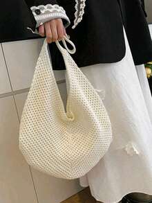 大容量钩编单肩手提包 - 轻便多功能针织涤纶手提包，米色、浅蓝色、棕色、黑色可选，适合旅行、海滩、度假和日常使用，大容量手提包，沙滩包 - 米色 - 查看 6