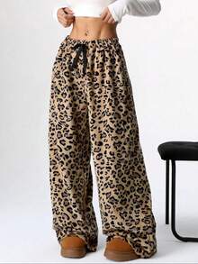 Pantalones anchos de pierna larga con estampado de leopardo, lazo en la cintura y esponjoso, para mujer. Pantalones de otoño/invierno para mujer